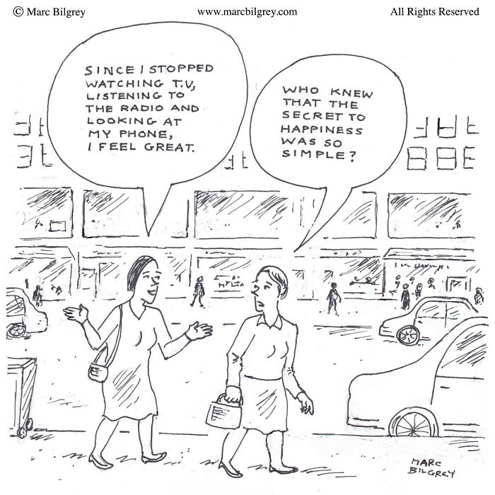 Two women talking on a city street in a Marc Bilgrey one-panel cartoon showing everyday irony in a single frame.