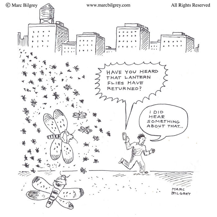 One-panel cartoon by Marc Bilgrey showing everyday irony with giant lantern flies swarming a man running in a cityscape.