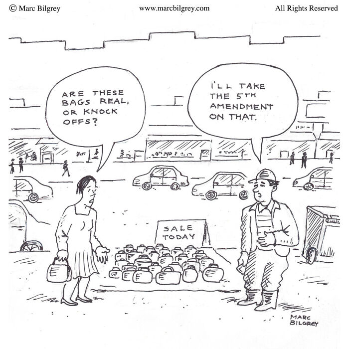 One-panel cartoon by Marc Bilgrey showing a woman asking about bags and a man invoking the 5th Amendment.