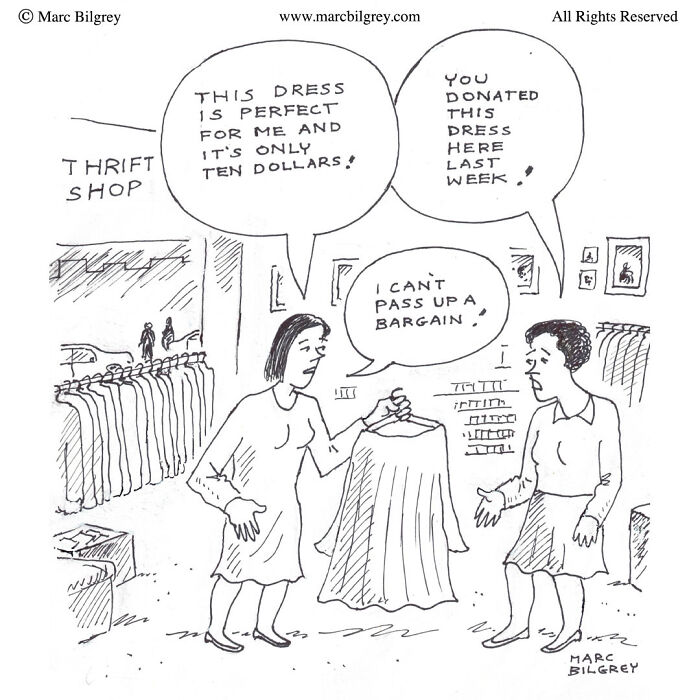 Two women in a thrift shop discussing a dress, showcasing Marc Bilgrey’s everyday irony in a single-panel cartoon.