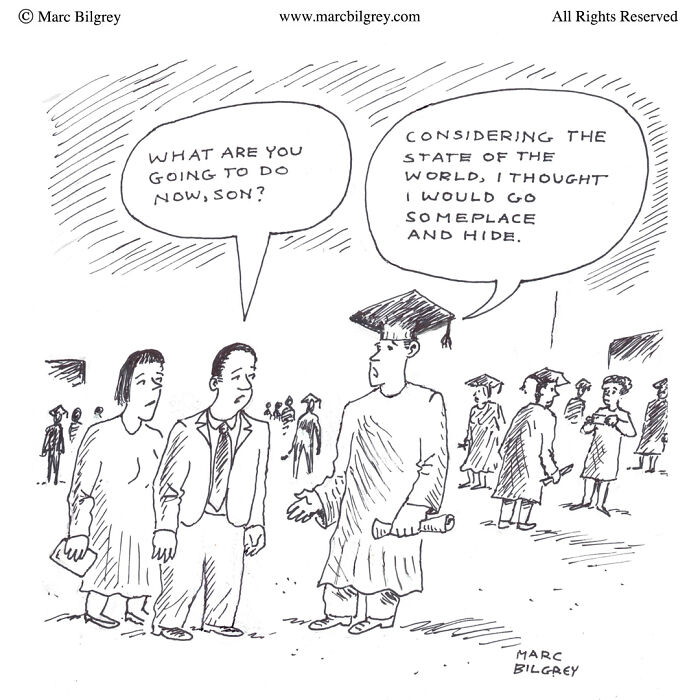 Graduation scene in Marc Bilgrey’s one-panel cartoon showing everyday irony through a single frame dialogue.