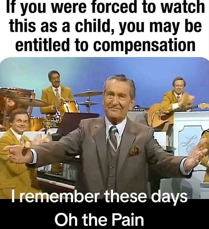 Vintage TV show band with a host in a suit, evoking nostalgia and making viewers feel old as heck.