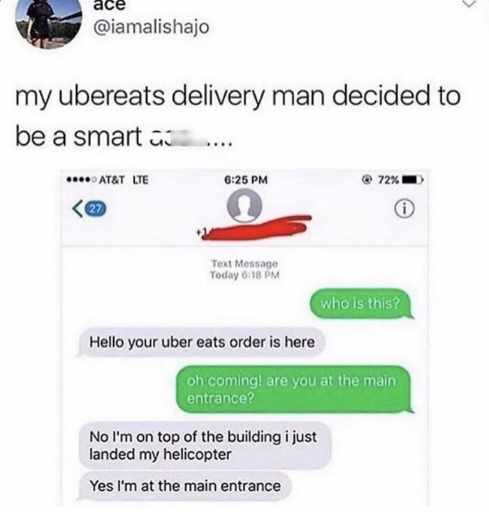 Text conversation showing a viral meme about an Uber Eats delivery man's funny helicopter landing joke.