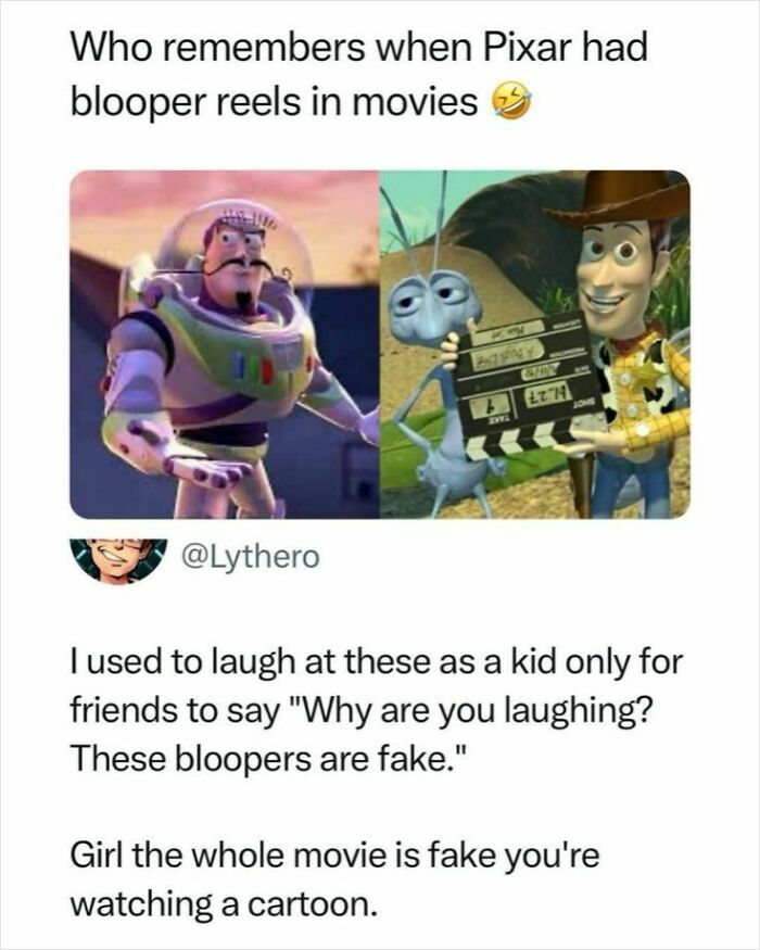 Pixar blooper reels meme featuring Buzz Lightyear, Woody, and a cartoon ant from entertaining super culture posts.