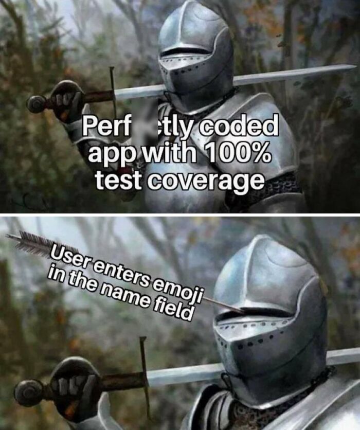 Knight in armor labeled as perfectly coded app with 100% test coverage gets an arrow labeled user enters emoji in the name field.