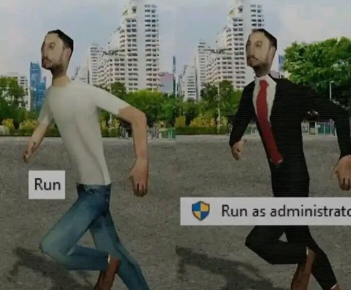 Two distorted animated men running outdoors labeled with funny programming terms run and run as administrator meme.