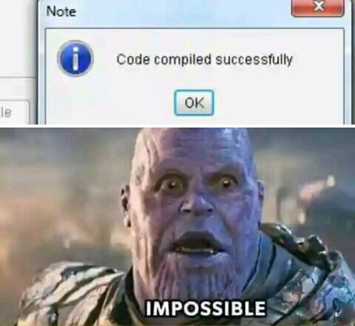 Programmer reacting with shock to code compiled successfully message in a funny programming meme format.