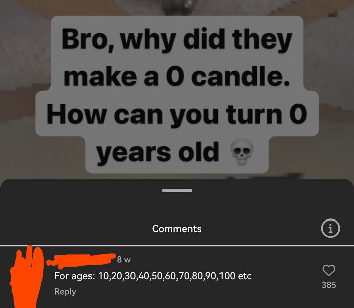 Screenshot from TikTok showing a funny comment questioning the logic behind a zero candle on a birthday cake.
