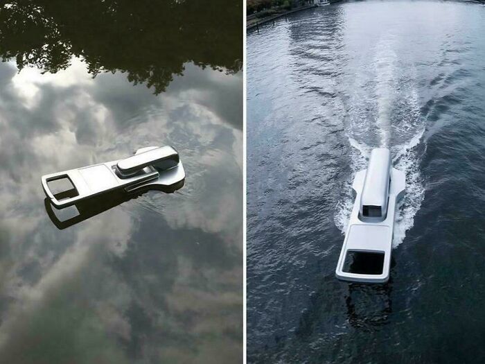 Boat designed like a USB drive floating on water, showcasing clever and smart designer innovation.