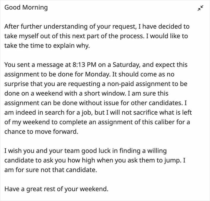 Email message refusing unpaid weekend work, highlighting common parts of working in 2025 that are a nightmare for candidates.