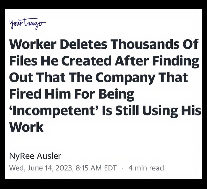 Headline about a worker deleting files after being fired, highlighting nightmare parts of working in 2025.