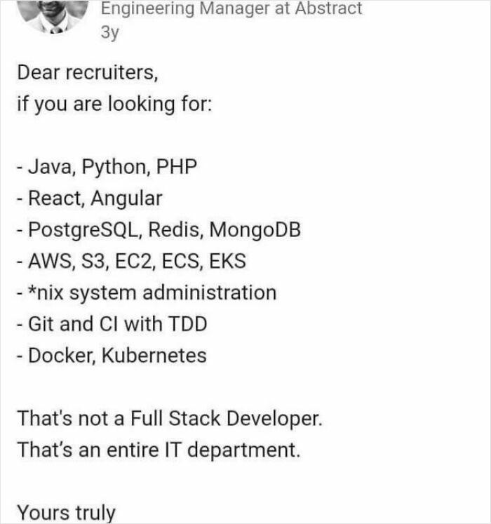 Giulio Carrara's message highlighting the nightmare of working in 2025 with overwhelming IT and development skills required.