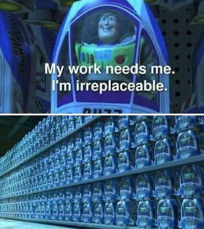 Buzz Lightyear toy packaging in a store aisle with text about being irreplaceable, highlighting working nightmares in 2025.