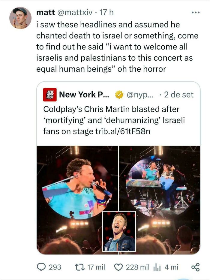 Tweet discussing Chris Martin’s concert actions, highlighting chaotic good moments and doing the right thing in unique ways.