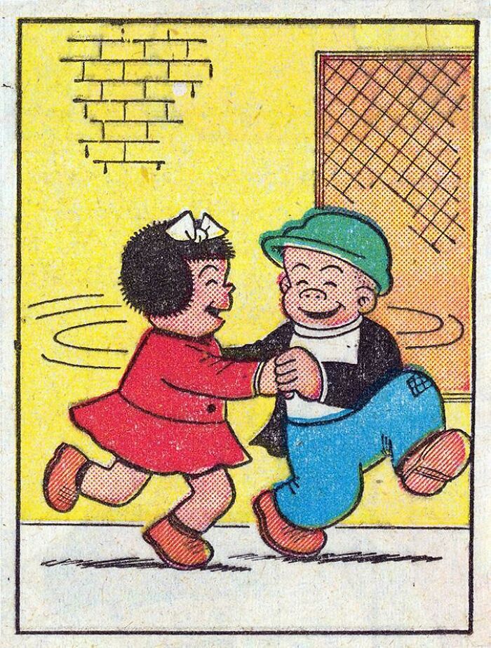 Vintage cartoon illustration of two children dancing happily, evoking nostalgic posts to make you feel old.