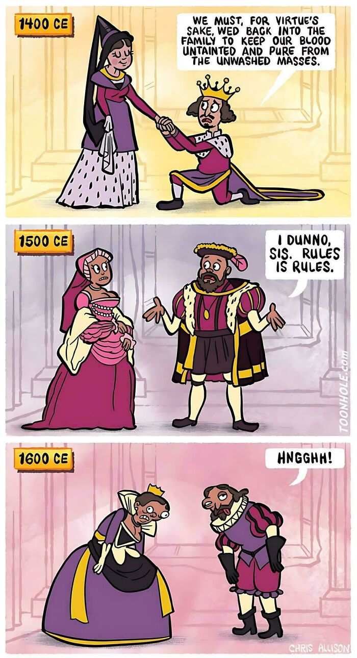 Historical memes showing royal family dynamics from 1400 CE to 1600 CE with humorous dialogue and period costumes