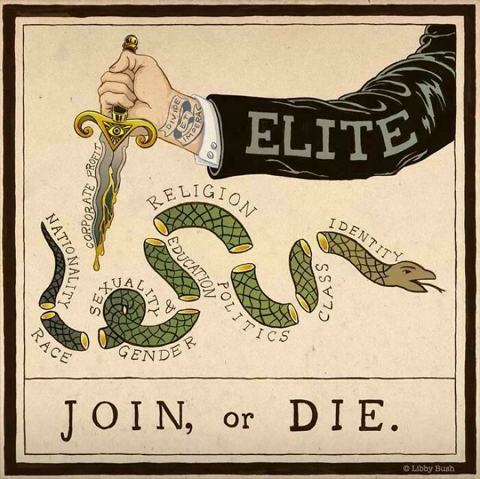 Illustration of a hand with elite tattoo holding a dagger cutting a snake labeled with social issues like race, religion, and class.