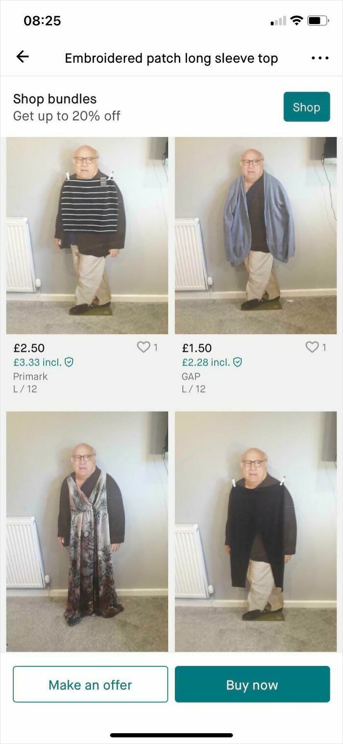 Older man humorously modeling clothes held with clips in a wild Vinted post showing chaotic online selling moments.