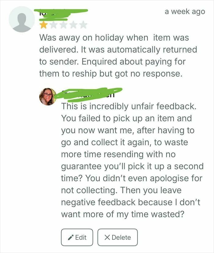 One-star Vinted review showing conflict between buyer and seller about missed item collection and reshipping time wasted.