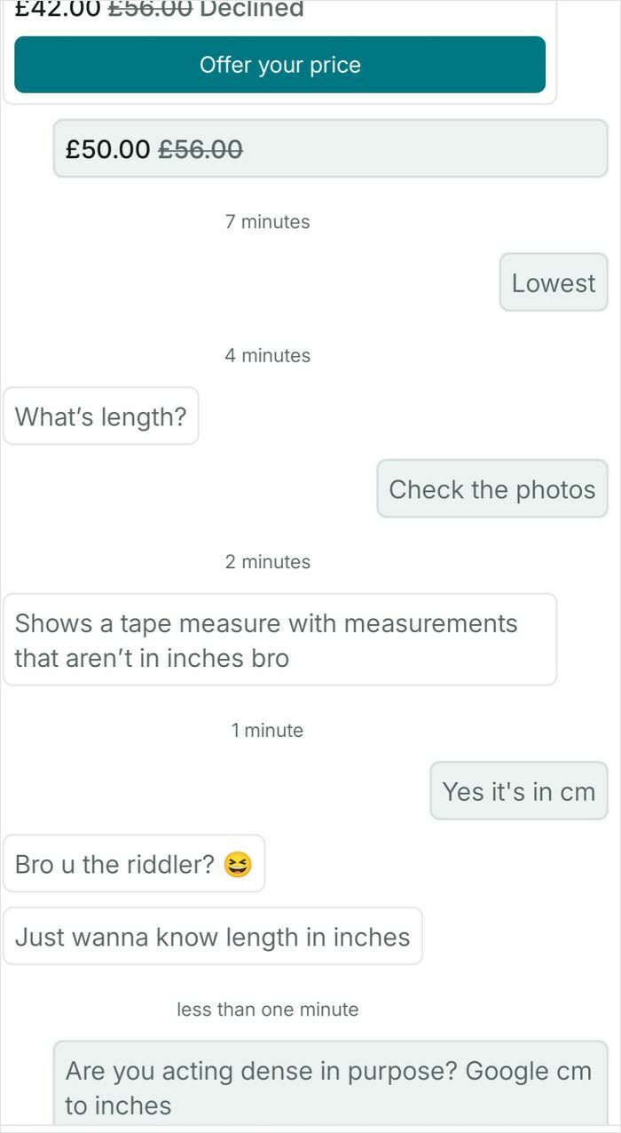 Chat conversation showing confusion over clothing length measurements in cm versus inches on a wild Vinted online selling post.