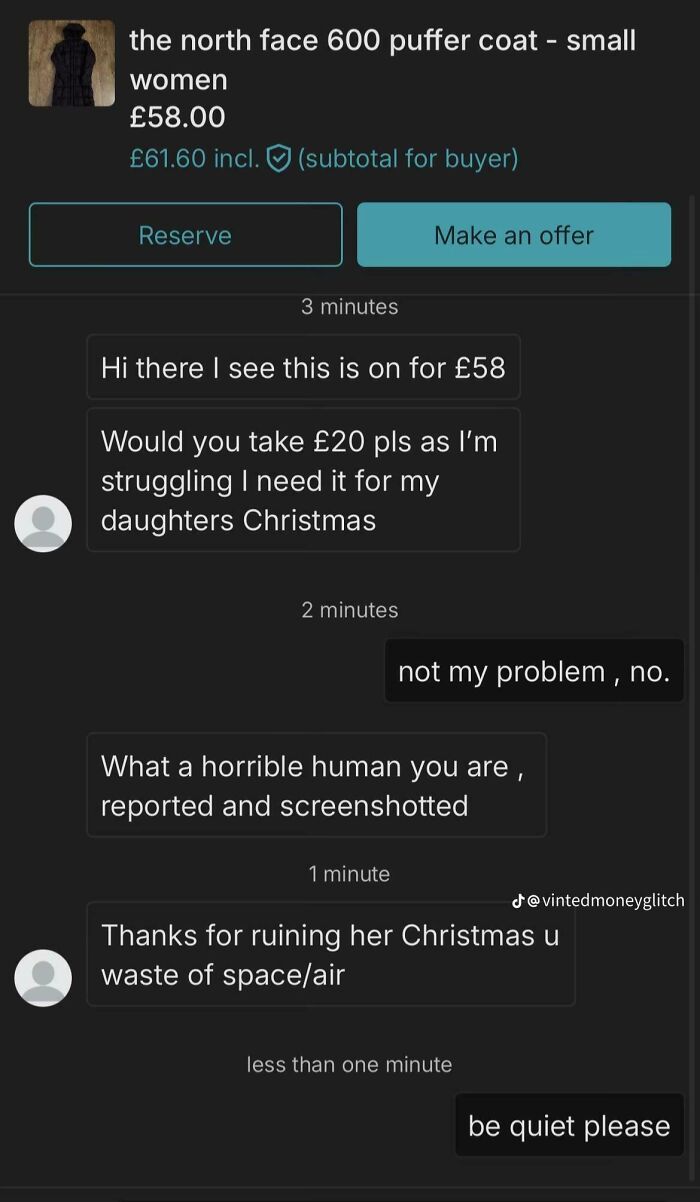 Chat conversation on Vinted showing unhinged buyer messages negotiating price and seller responses during online selling.