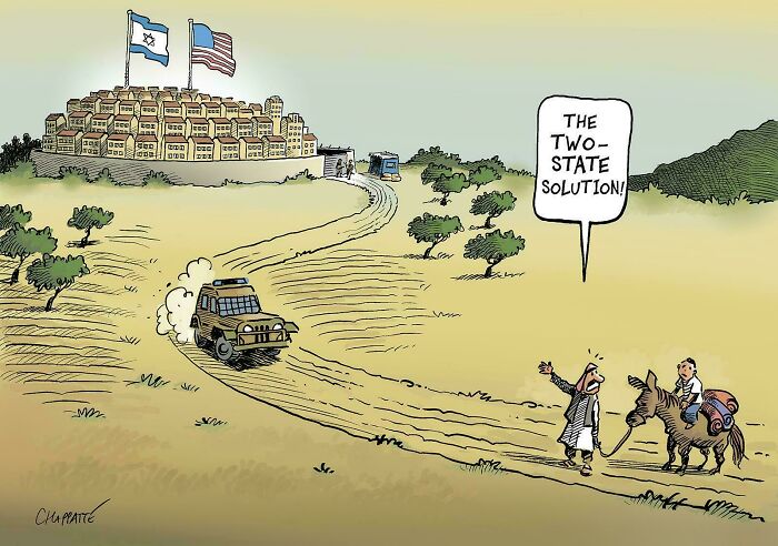 Aged like wine cartoon: Israeli and US flags over settlement, jeep leaving as villager on donkey calls for two-state solution