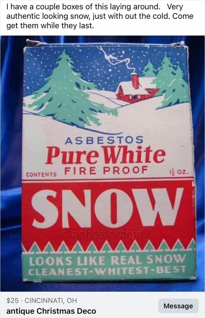 Vintage asbestos pure white fireproof snow decoration box, highlighting dangers in edible items and near-death experiences.