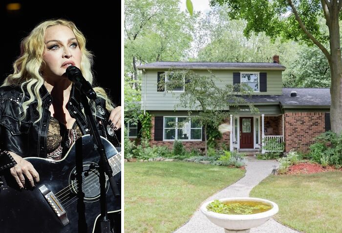 Left side shows a female celebrity singing with guitar, right side shows a suburban childhood home with greenery.