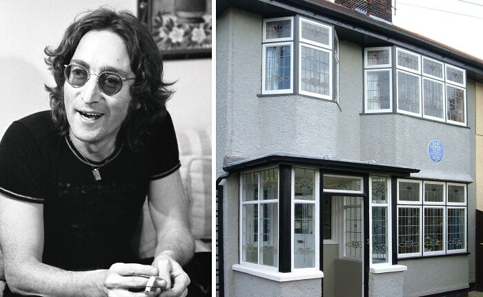 Black and white photo of a celebrity next to their childhood home showing humble or not-so-humble beginnings.