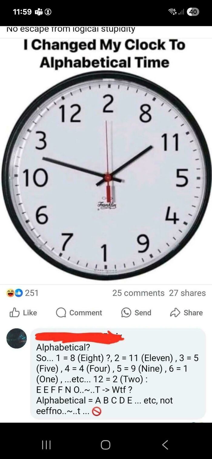 Clock showing numbers rearranged humorously with a social media comment roasting the incorrect alphabetical time concept.