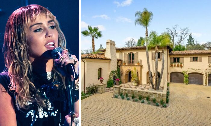 Singer performing on stage next to a photo of a celebrity childhood home showcasing its architecture and surroundings.