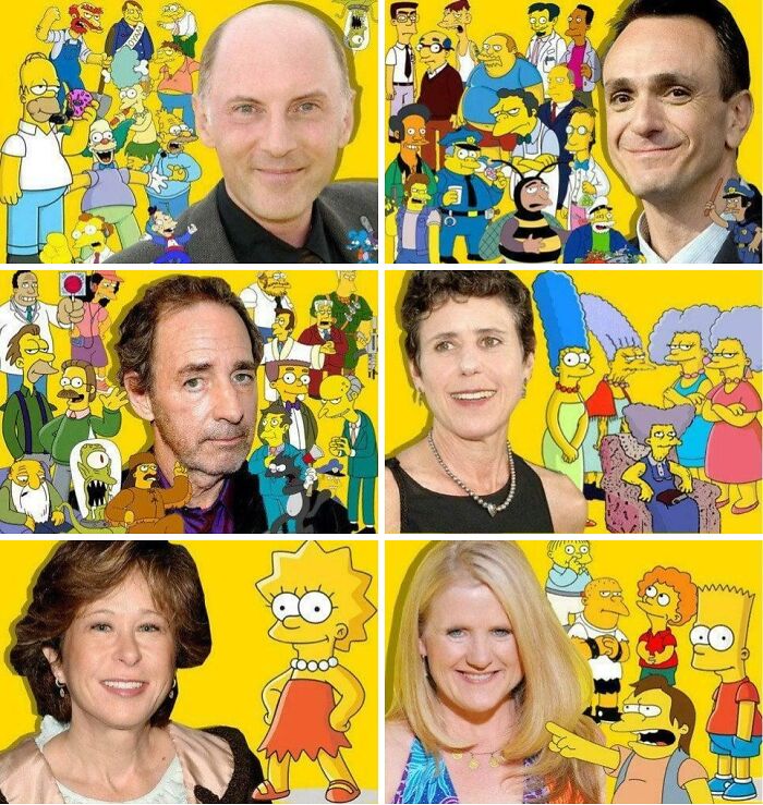 Collage of The Simpsons characters with their voice actors, highlighting perception of time in online group comparisons.