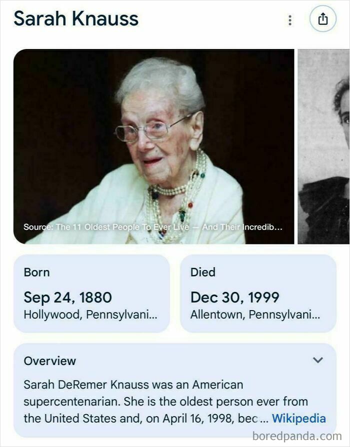 Image of Sarah Knauss, oldest American supercentenarian, illustrating random comparisons that mess with perception of time.