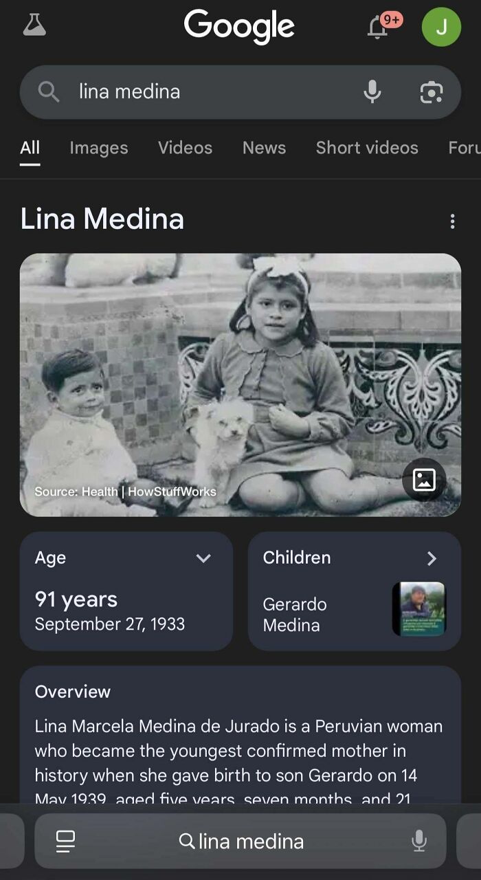 Google search results page for Lina Medina with historical photo and details, related to perception of time comparisons.