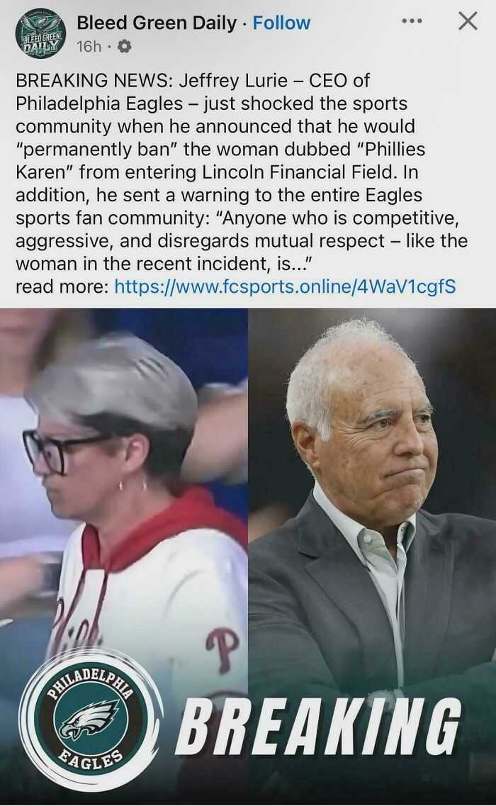 Man in suit and woman in Phillies hoodie pictured with Philadelphia Eagles logo, illustrating chaotic good actions in sports context.