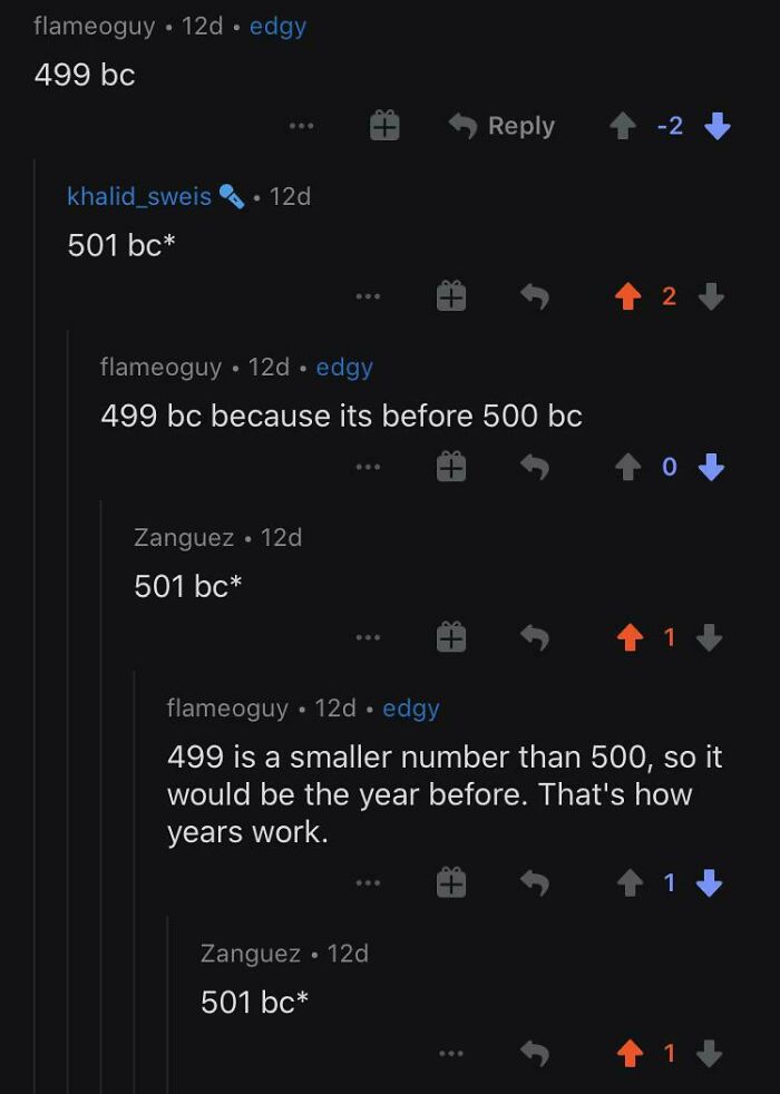 Online discussion showing confident but incorrect argument about dates before 500 BC, illustrating being embarrassingly wrong.