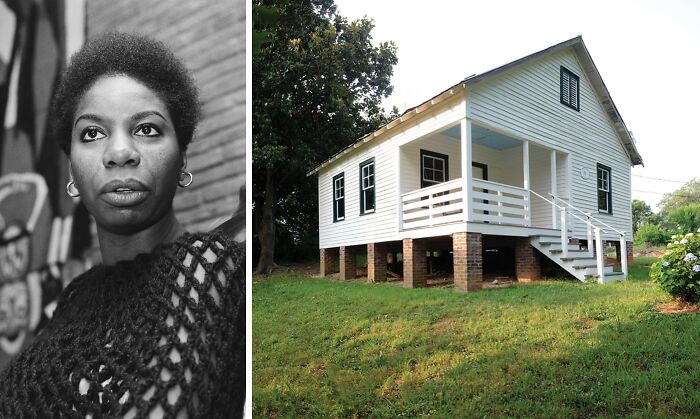 Black and white portrait of a woman next to a white raised wooden house, representing celebrity childhood homes.