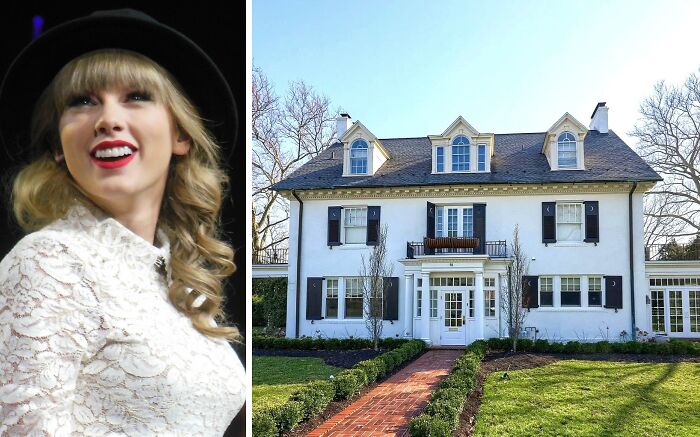 Taylor Swift smiling at an event next to a large white celebrity childhood home with black shutters and a brick pathway.