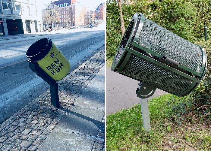 Two tilted Danish trash bins on urban street and park settings, showcasing unique design in Denmark.