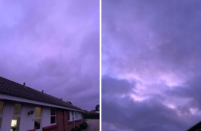 Purple dusk sky over a Danish residential building, reflecting the calm and unique atmosphere of Denmark's prison cell environment.