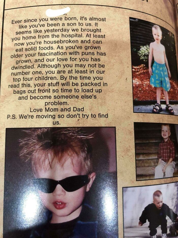 A humorous note from funny parents alongside childhood photos of a boy with sunglasses and playful expressions.