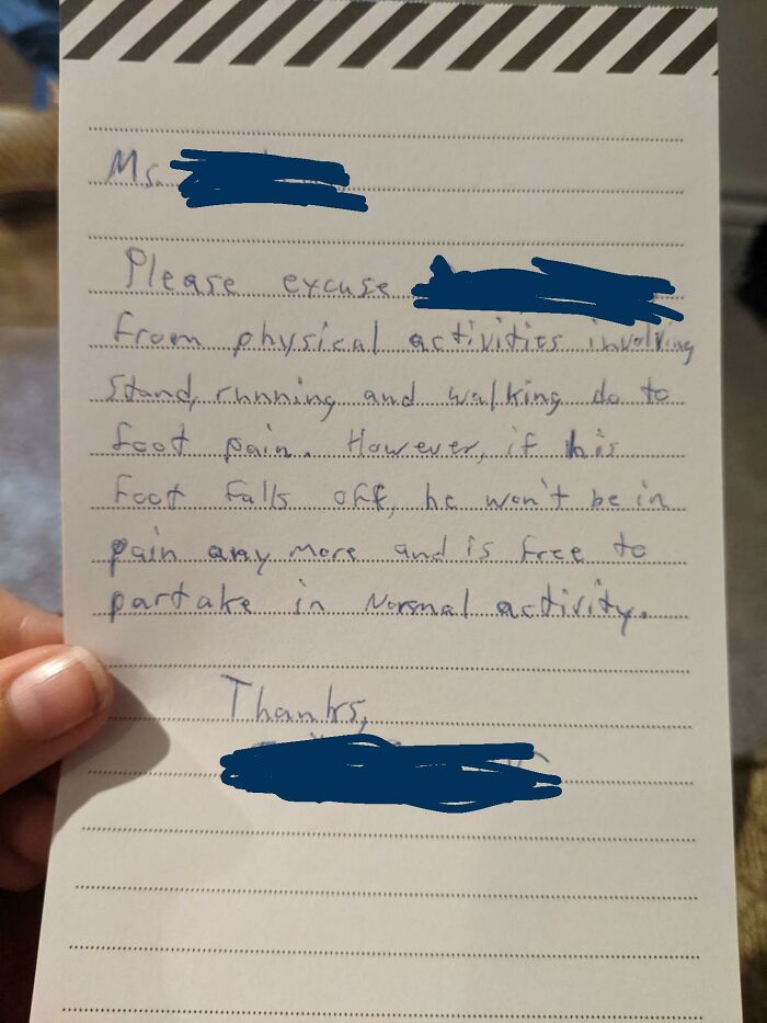 Handwritten funny excuse note from a parent explaining a child's foot pain with humorous conditions to skip physical activities.