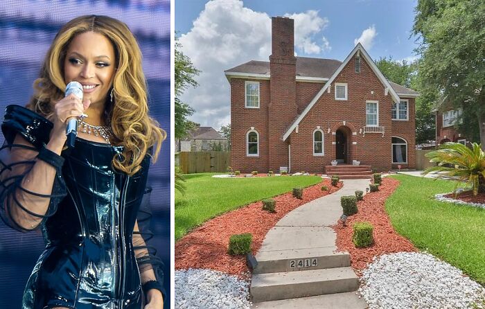 Split image showing a female celebrity singing on stage and a large brick celebrity childhood home with landscaped yard and walkway.