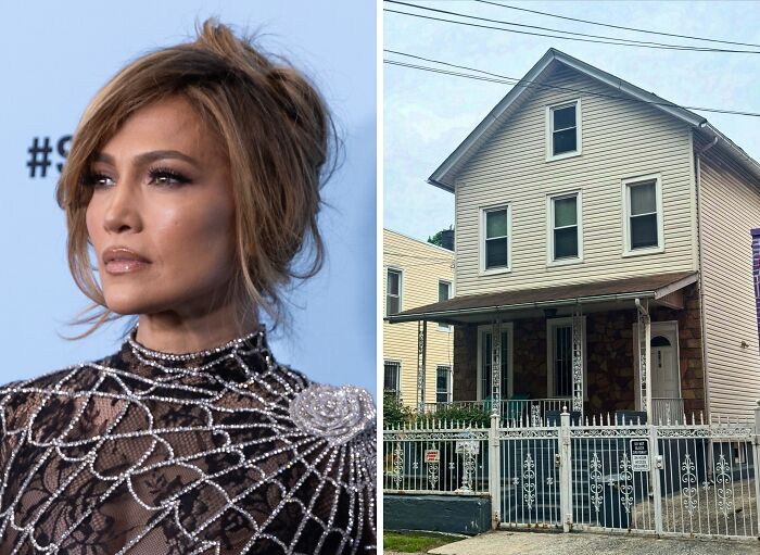 Left image of a celebrity at an event; right image of a modest childhood home revealing celebrity humble beginnings.