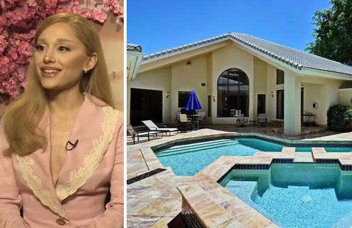 Side-by-side image of a celebrity interview and a luxury childhood home with a swimming pool and patio area.