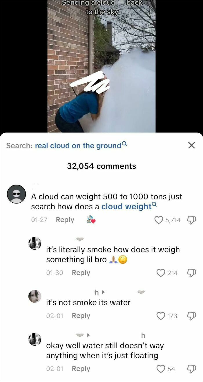 Person confidently blowing what looks like a cloud of smoke, with online comments debating cloud weight.