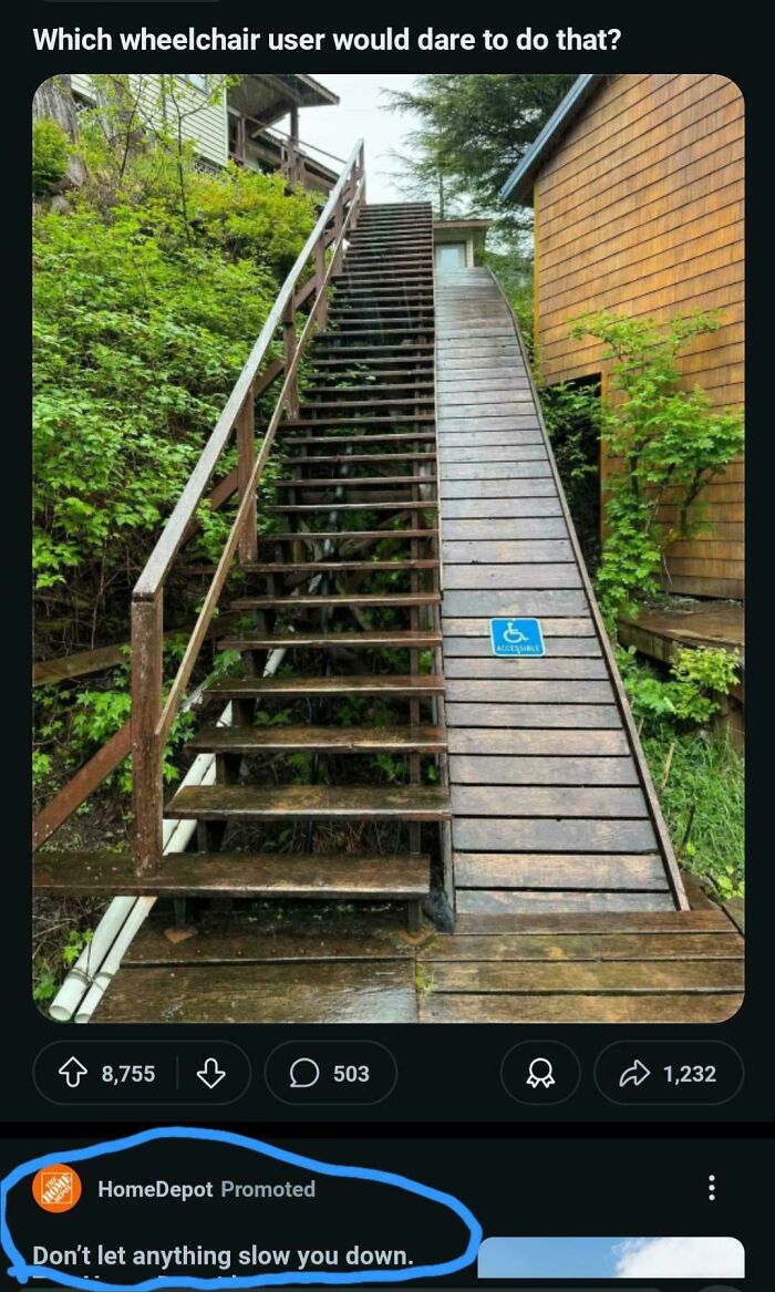 Steep wooden stairs with an inaccessible wheelchair ramp and an ironic Home Depot ad highlighting advertising placement fails.