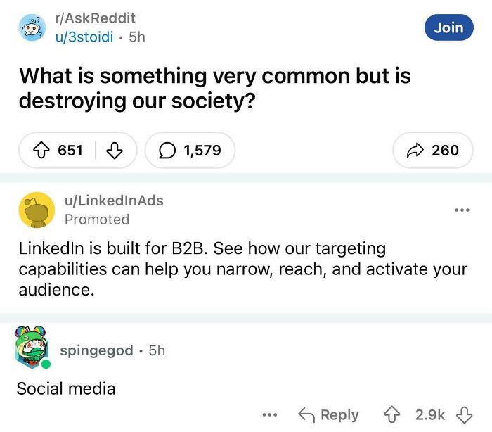 Advertising placement fail on Reddit with a mismatched B2B LinkedIn ad in a social media discussion thread.