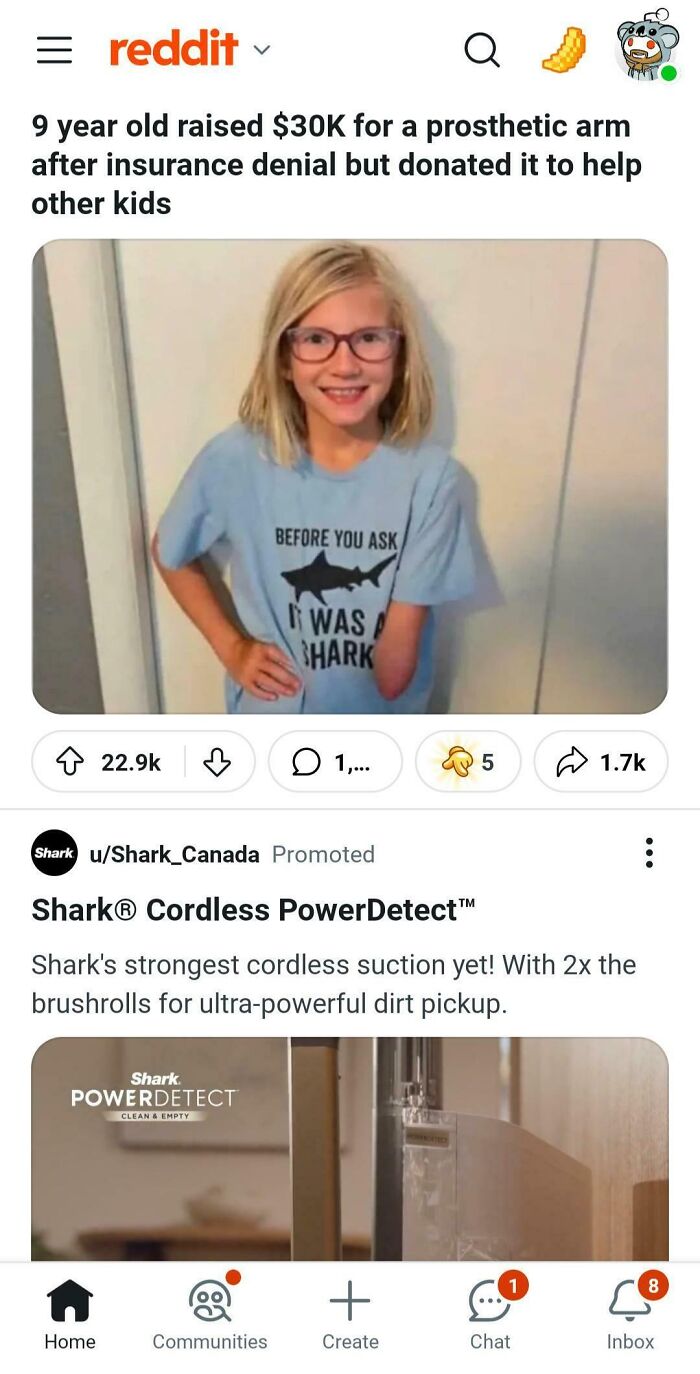 Reddit post with a child story followed by a Shark vacuum ad, showing an example of advertising placement fails.