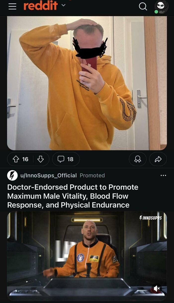 Reddit post showing advertising placement fail with a man in an orange hoodie and a male vitality supplement ad below.